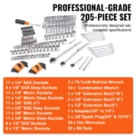 VEVOR Mechanics Tool Set and Socket Set Deep and Standard Sockets 145/205 Pcs SAE and Metric Mechanic Tool Kit with Bits - Image 3